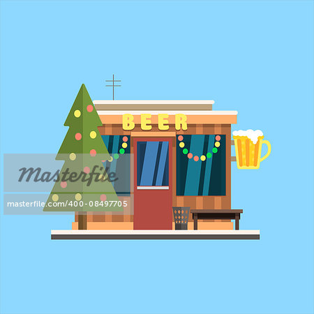 Beer Shop Front in Christmas. Flat Vector Illustration