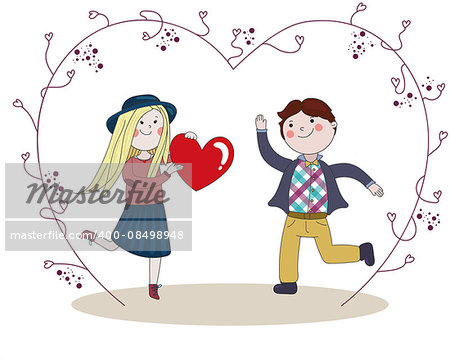 Boy presented to his pretty girlfriend red big heart  to Valentine's Day, happyness, and jumping, grape vine with hearts