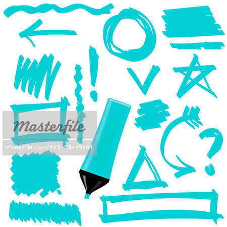 Azure Marker Isolated on White Background. Set of Graphic Signs. Arrows, Circles, Correction Lines