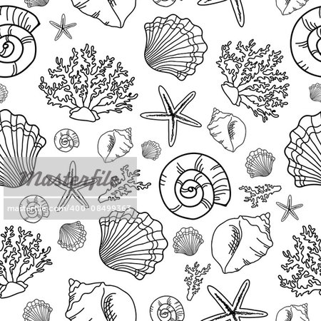 Seamless pattern with seashells, starfish and coral. Grayscale. Monochrome. Black and white. Vector illustration can be used for fills, web page background, surface, textile, wrap