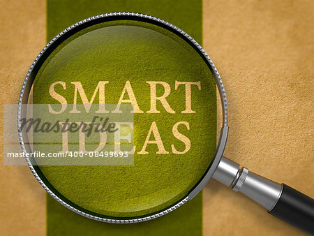 Smart Ideas through Loupe on Old Paper with Dark Green Vertical Line Background. 3D Render.