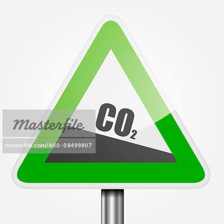 detailed illustration of a green downhill grade sign with co2 text, symbol for decreasing co2 output, eps10 vector