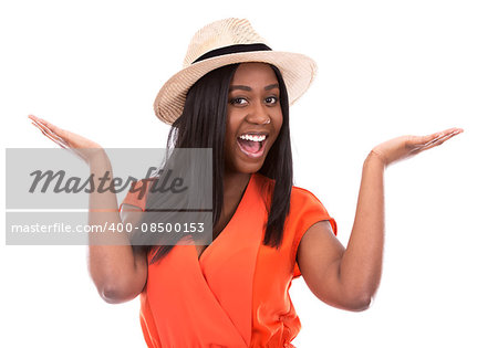 young black woman wearing bright dress on white background