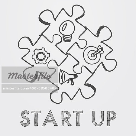 start up and business concept signs in puzzle pieces - text and idea, goal, advertise symbols in black white hand-drawn style, business building concept