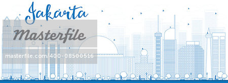 Outline Jakarta skyline with blue landmarks. Vector illustration. Business travel and tourism concept with historic buildings. Image for presentation, banner, placard and web site.