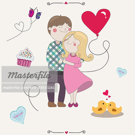 Couple in love stain together boy and girl hugging. Valentine s Day. Cookies, love birds and happiness.