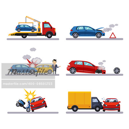Car accidents set on white background vectot illustration
