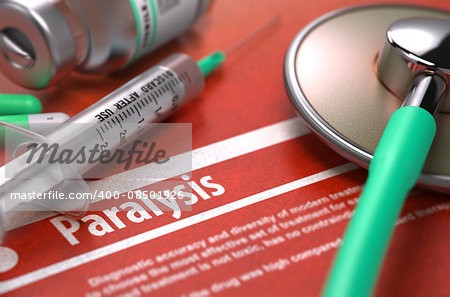 Paralysis - Printed Diagnosis on Orange Background with Blurred Text and Composition of Pills, Syringe and Stethoscope. Medical Concept. Selective Focus. 3D Render.