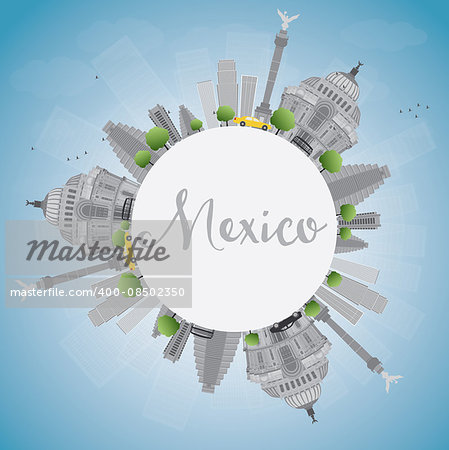 Mexico skyline with gray landmarks and blue sky. Vector illustration. Business travel and tourism concept with historic buildings and copy space. Image for presentation, banner, placard and web site.