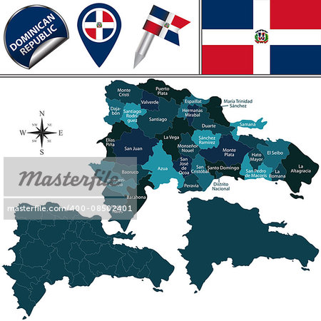 Vector map of Dominican Republic with named provinces and travel icons