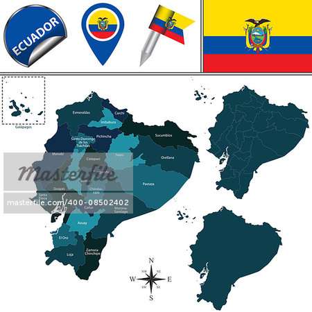 Vector map of Ecuador with named provinces and travel icons