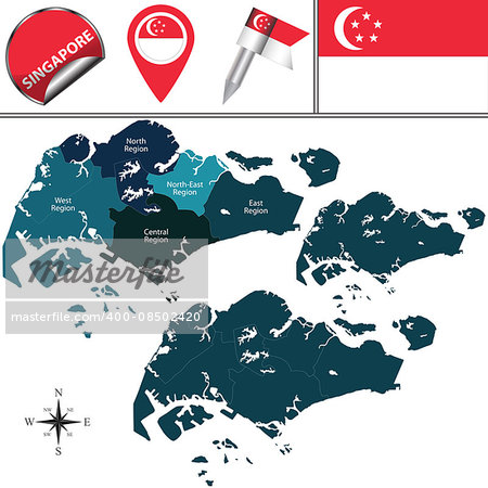 Vector map of Singapore with named regions and travel icons