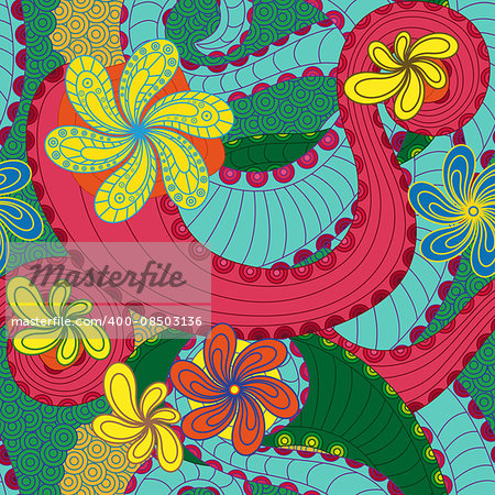 Colourful seamless pattern with doodle floral elements, hand drown vector artwork