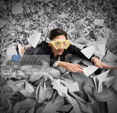 Businesswoman with mask swims between the sheets