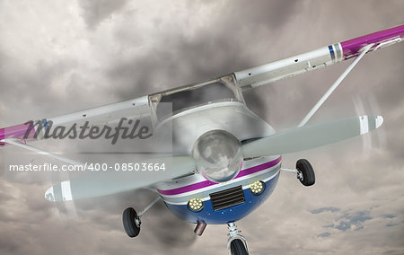 The Cessna 172 With Smoke Coming From The Engine Against An Ominous Gray Sky.
