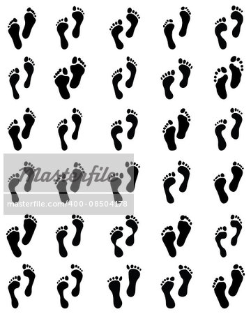 Black prints of human feet on a white background, vector