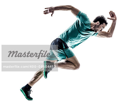 one young man runner jogger running jogging in silhouette isolated on white background
