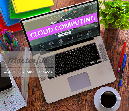 Cloud Computing Concept. Modern Laptop and Different Office Supply on Wooden Desktop background. 3D Render.