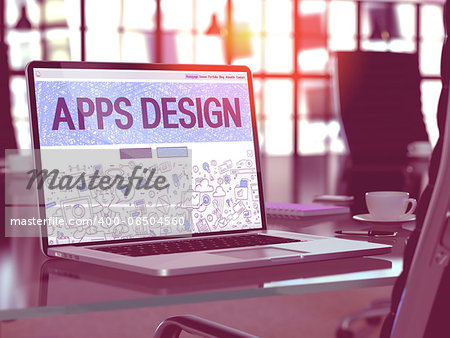 Apps Design - Closeup Landing Page in Doodle Design Style on Laptop Screen. On Background of Comfortable Working Place in Modern Office. Toned, Blurred Image. 3D Render.