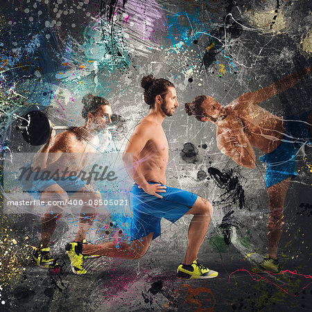 Man in fitness postures with colored background