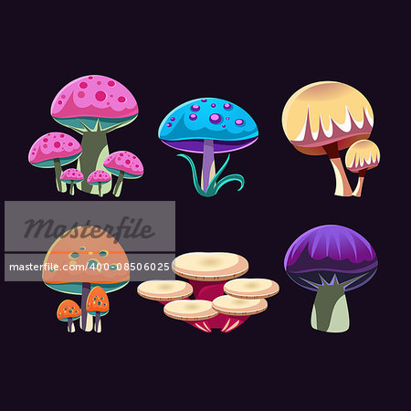 Fantastic Mushrooms Colorful Creative Flat Vector Design Collection Of Isolated Icon On Black Background