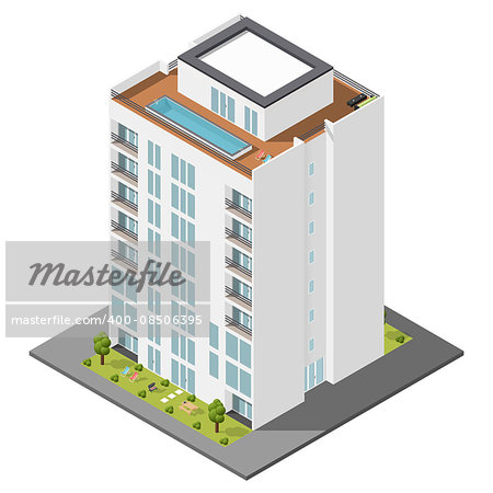 Residential house with a private garden and penthouse apartments isometric icon set vector graphic illustration