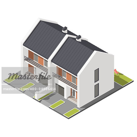 One storey connected cottage with slant roof for two families isometric icon set vector graphic