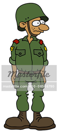 Hand drawing of a funny soldier in a battle dress