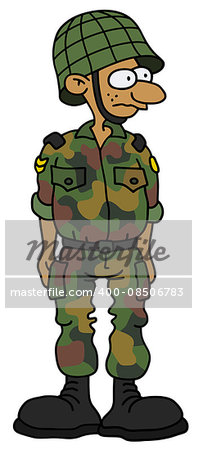 Hand drawing of a funny soldier in a battle dress