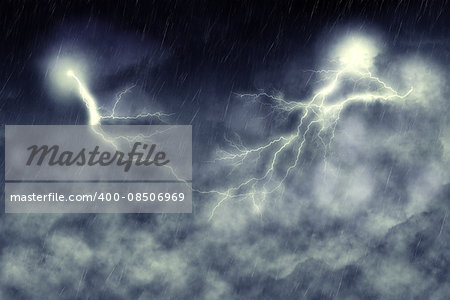 Dark stormy sky and bright lightning, thunderstorm background.