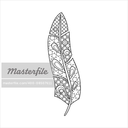 Vaned Feather Hand Drawn Vector Design Zentangle Print For Coloring Book