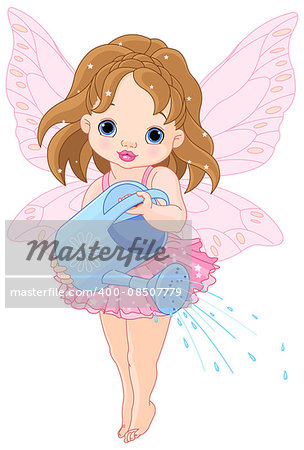 Illustration of a cute little fairy watering