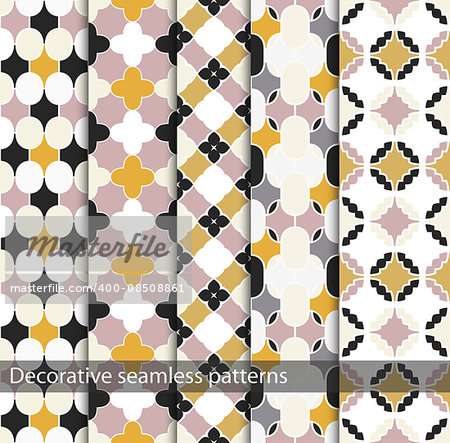 Collection of seamless colorfiul geometric ornamental patterns.