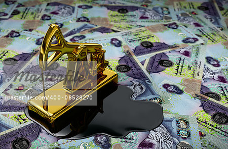 Gold Pumpjack And Spilled Oil On United Arab Emirates Dirham. 3D Scene.