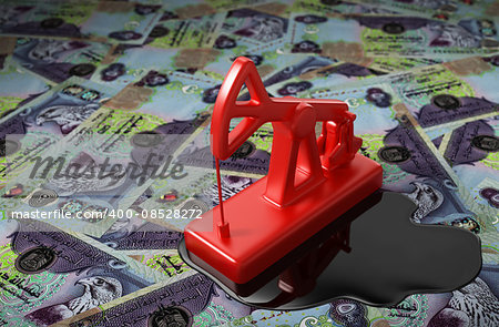 Red Pumpjack And Spilled Oil On United Arab Emirates Dirham. 3D Scene.