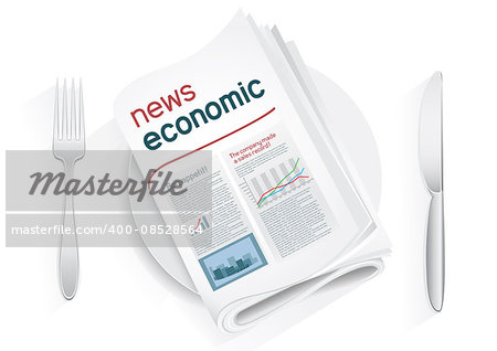 Economic newspaper on a plate on a white background. News of the politics government economic business. Fork and knife to eat news. News kitchen. Cooking breaking news.