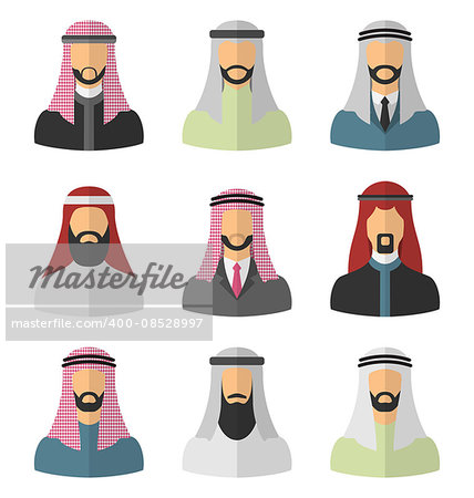 Illustration Set Arabic Men, Heads and Headscarf, Portraits, Traditional Clothing in Arab Countries, Flat Icons - Vector