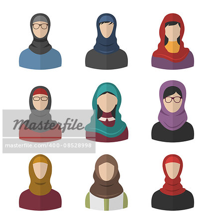 Illustration Set Arabic Women, Heads and Headscarf, Portraits, Traditional Clothing in Arab Countries, Flat Icons - Vector
