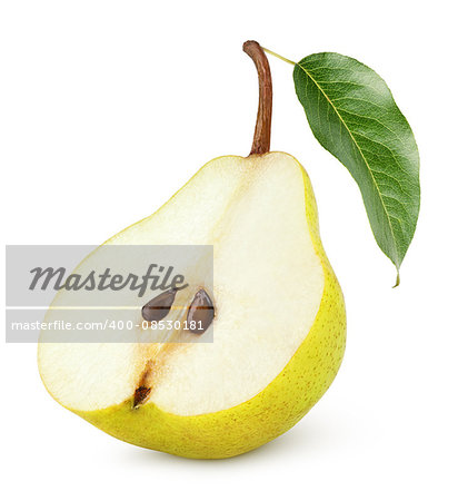 Half of yellow pear fruit with leaf isolated on white background