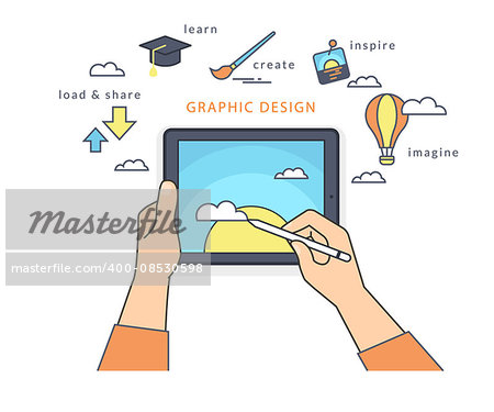 Human hand holds a tablet pc and draws a picture on the screen. Flat line contour illustration of designer working process with symbols such as learning and sharing, inspiration and imagination