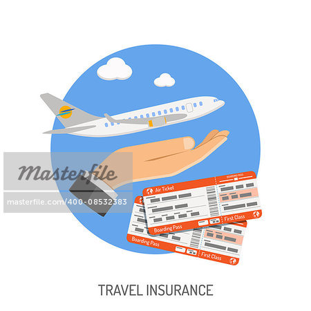 Travel Insurance Flat Icon for Poster, Web Site, Advertising like Hand, Aircraft and Tickets.