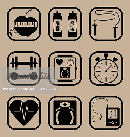 Set of vector icons representing fitness, sport and healthy lifestyle concepts