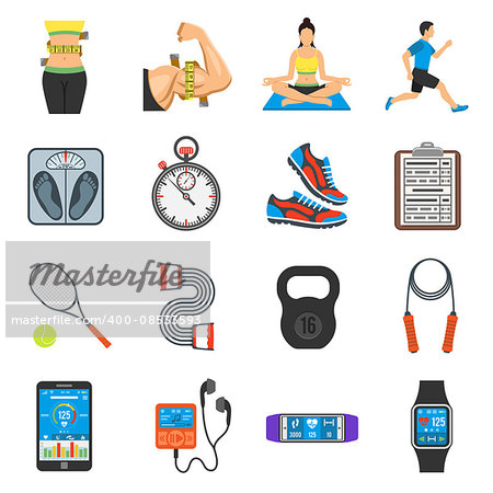 Fitness, Gym, Health Flat Icons Set for Mobile Applications, Web Site, Advertising like Yoga, Runner, Weight and Gadgets.