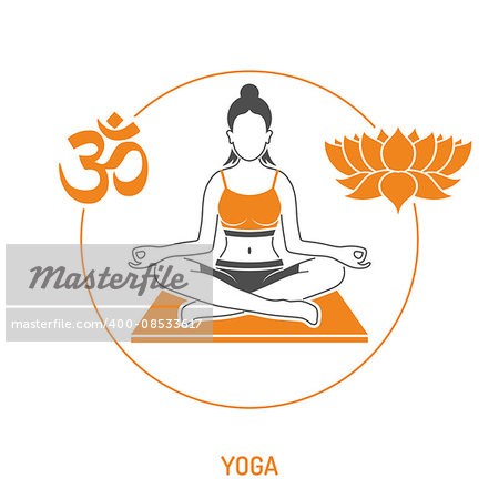 Yoga and Fitness Concept for Mobile Applications, Web Site, Advertising like Yoga Woman, Om Sign and Lotus Icons.