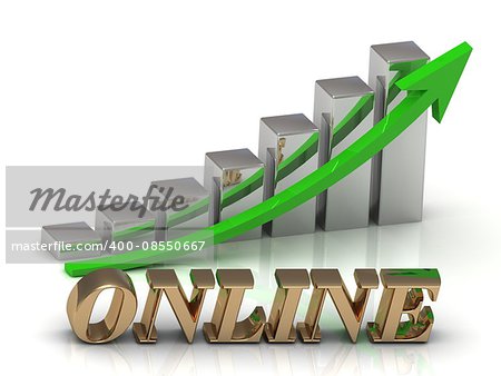 ONLINE- inscription of gold letters and Graphic growth and gold arrows on white background