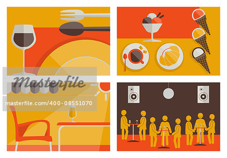 Set of hostelry flat colored backgrounds vector. All elements sorted and grouped in layers