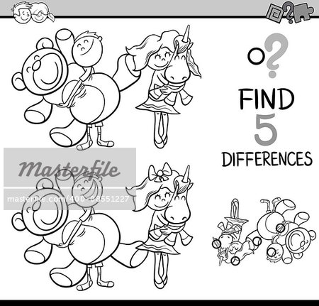 Black and White Cartoon Illustration of Finding Differences Educational Activity for Preschool Children with Kids and Toys for Coloring Book