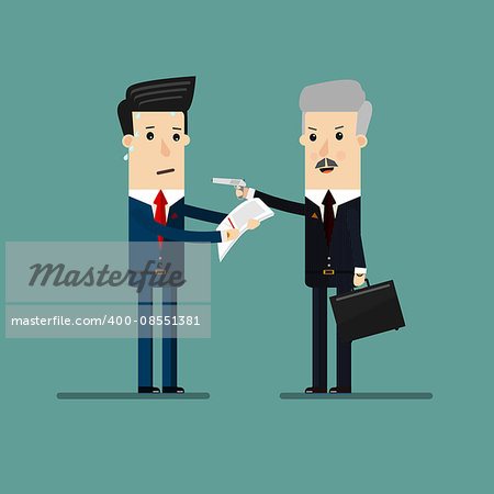 Business man threatening with a gun and exports documentation from businessman, for extortion or blackmail concept design. Business concept cartoon vector illustration