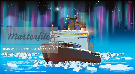 Vector illustration on the theme of the north. Icebreaker in the ice of the Arctic Ocean during the polar night