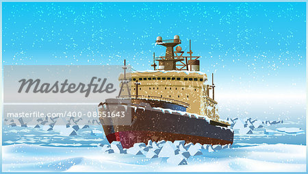 Vector illustration on the theme of the north. Icebreaker in the ice of the Arctic Ocean